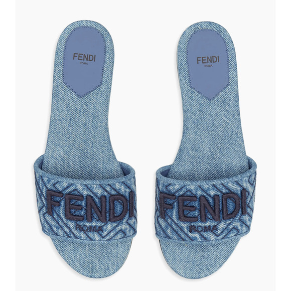 Fendi Blue Denim Signature FF Monogram Logo Mule Slide Flat Flip Flop Sandal 36 - Picture 1 of 15